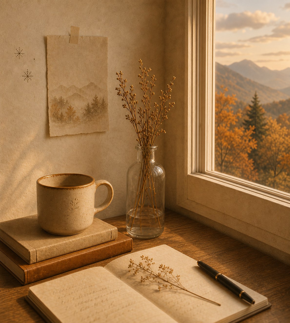 Warm studio desk with books, a ceramic mug, dried flowers, and a window view of autumn trees with distant mountains.