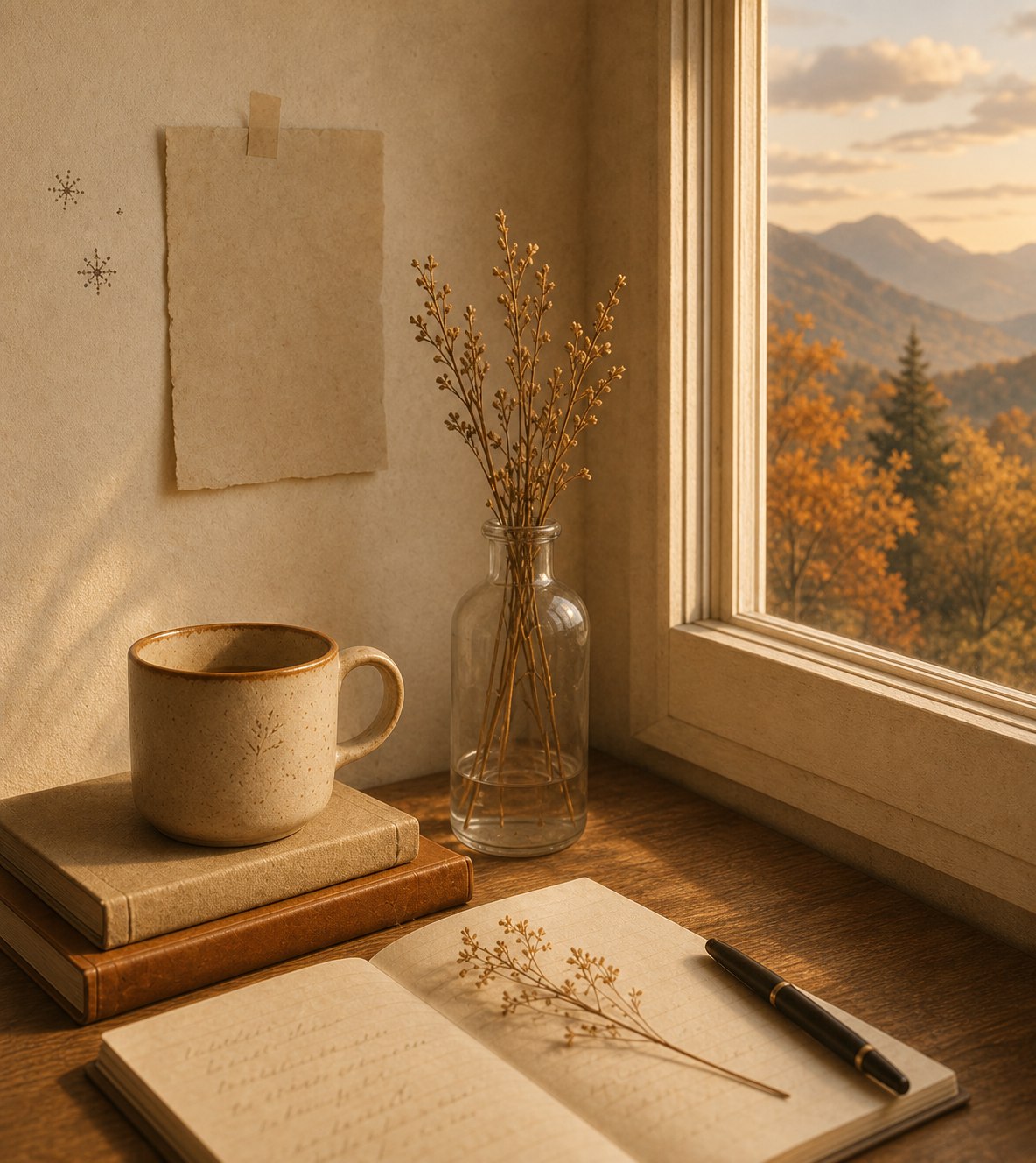 Autumn trees and distant mountains seen through a warm window.