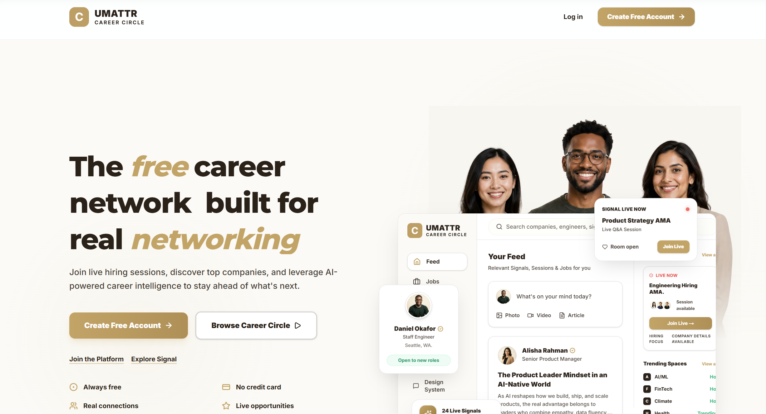 UMATTR Career Circle homepage showing a free career network hero.