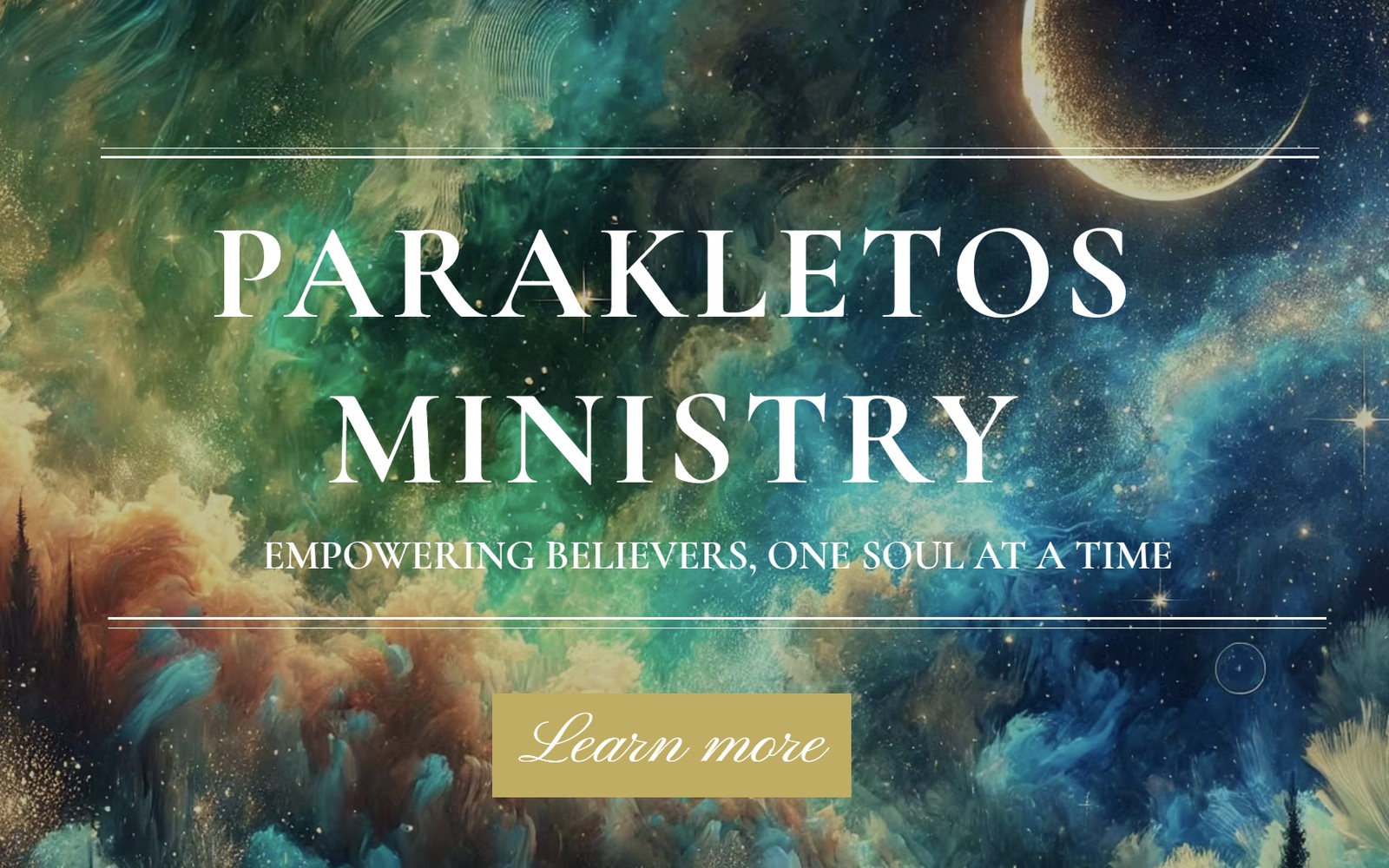 Parakletos Ministry homepage hero with a celestial background and ministry title.