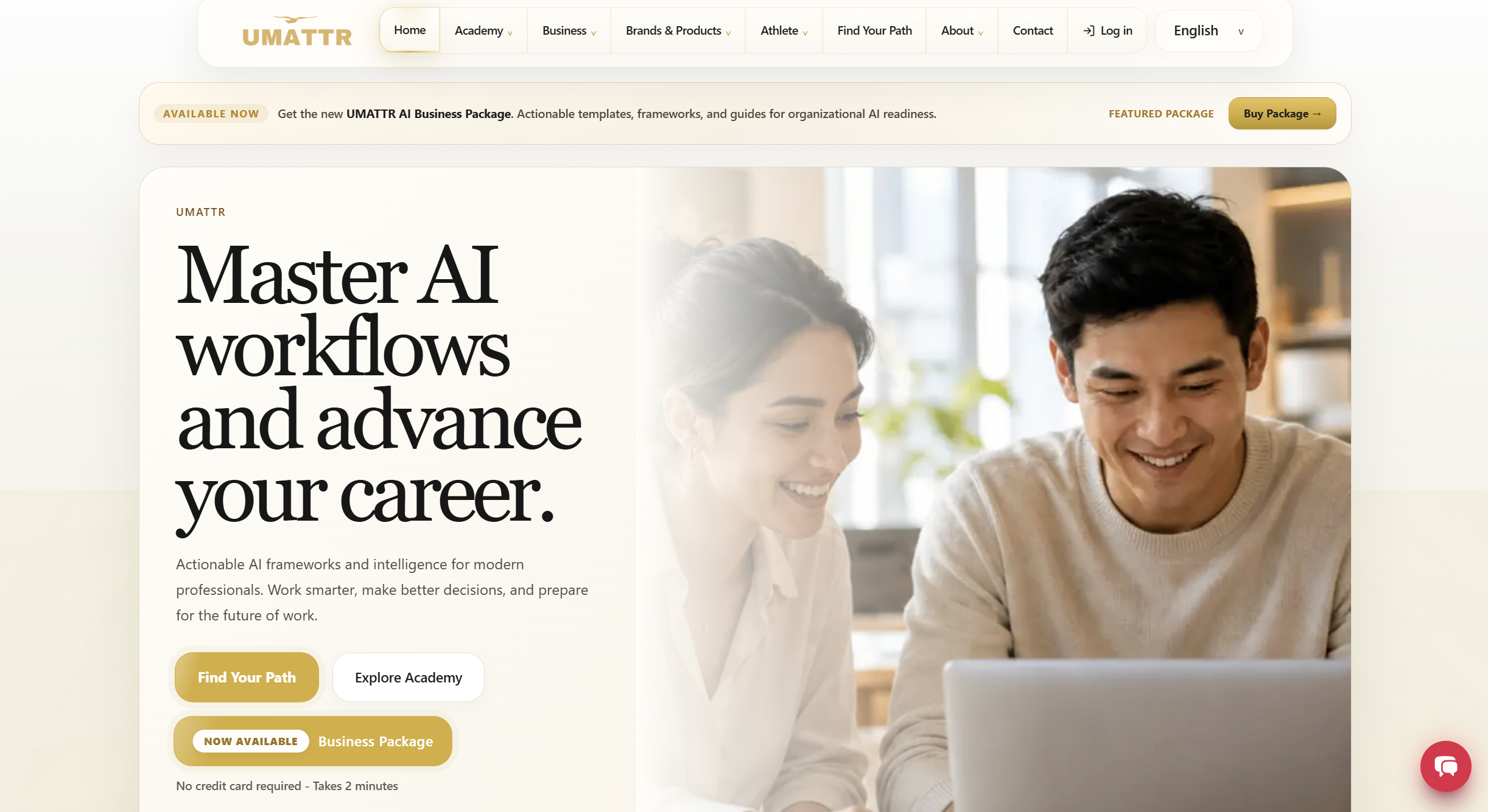 UMATTR homepage showing a Master AI workflows hero section.